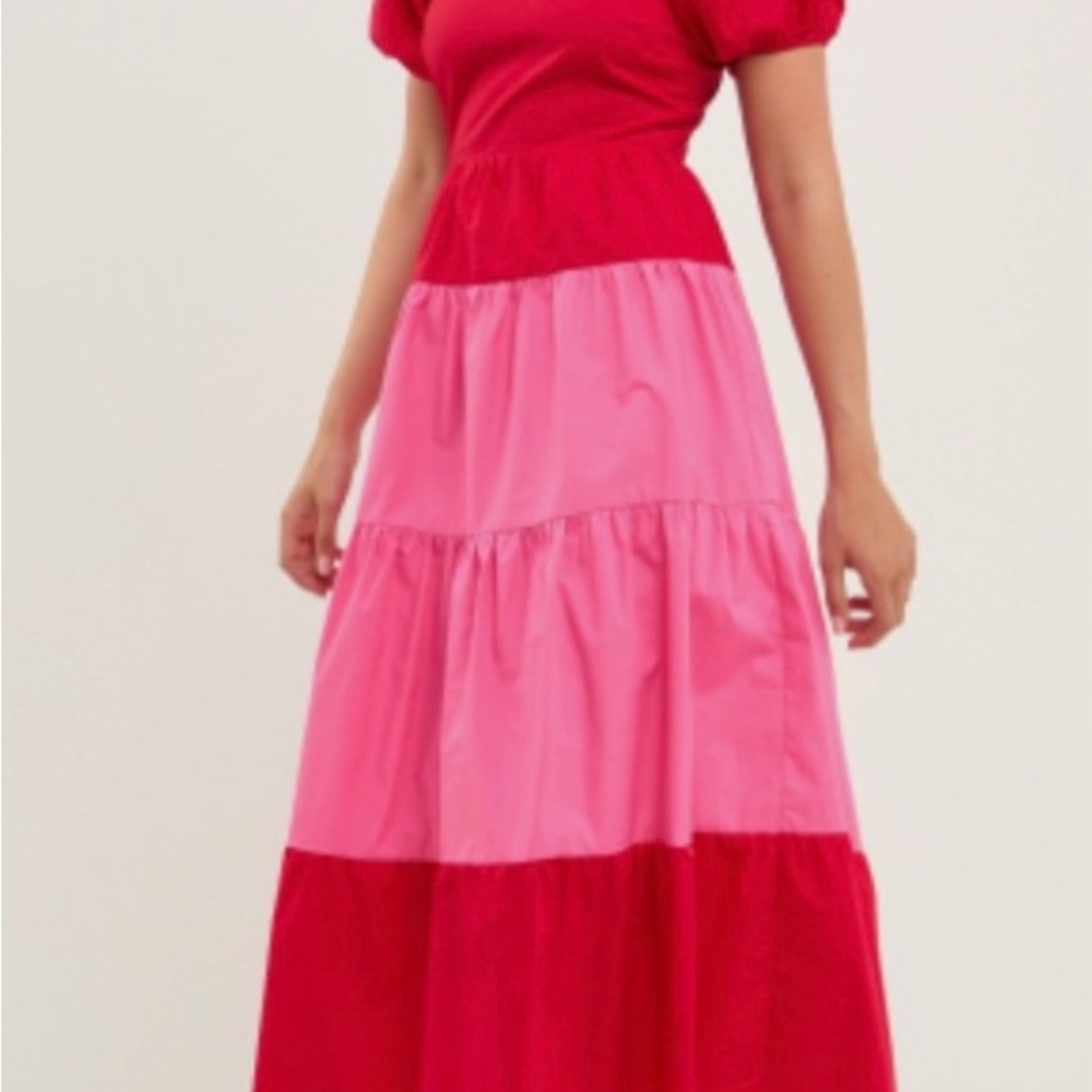 English Factory Pink and Red Tiered Maxi Dress
